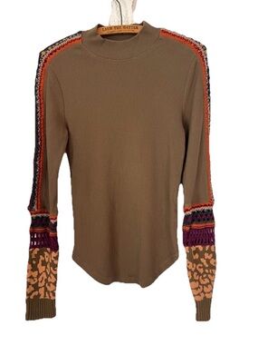 Free People Switch It Up Crochet Knit Sleeve Thermal Waffle Top Size Large